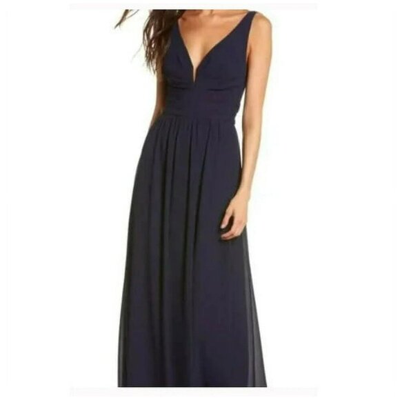 LuLu's Women's XS Sleeveless Plunging Neck Chiffon A-Line Maxi Dress Navy Blue - Picture 2 of 16